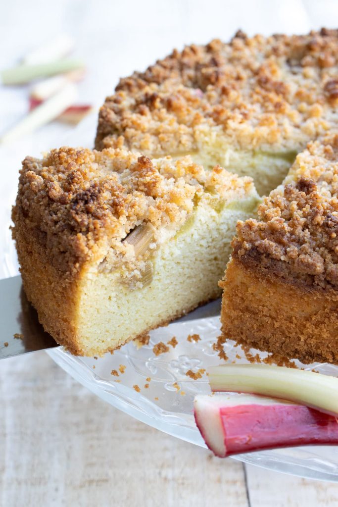 a keto coffee cake resting on a spatula