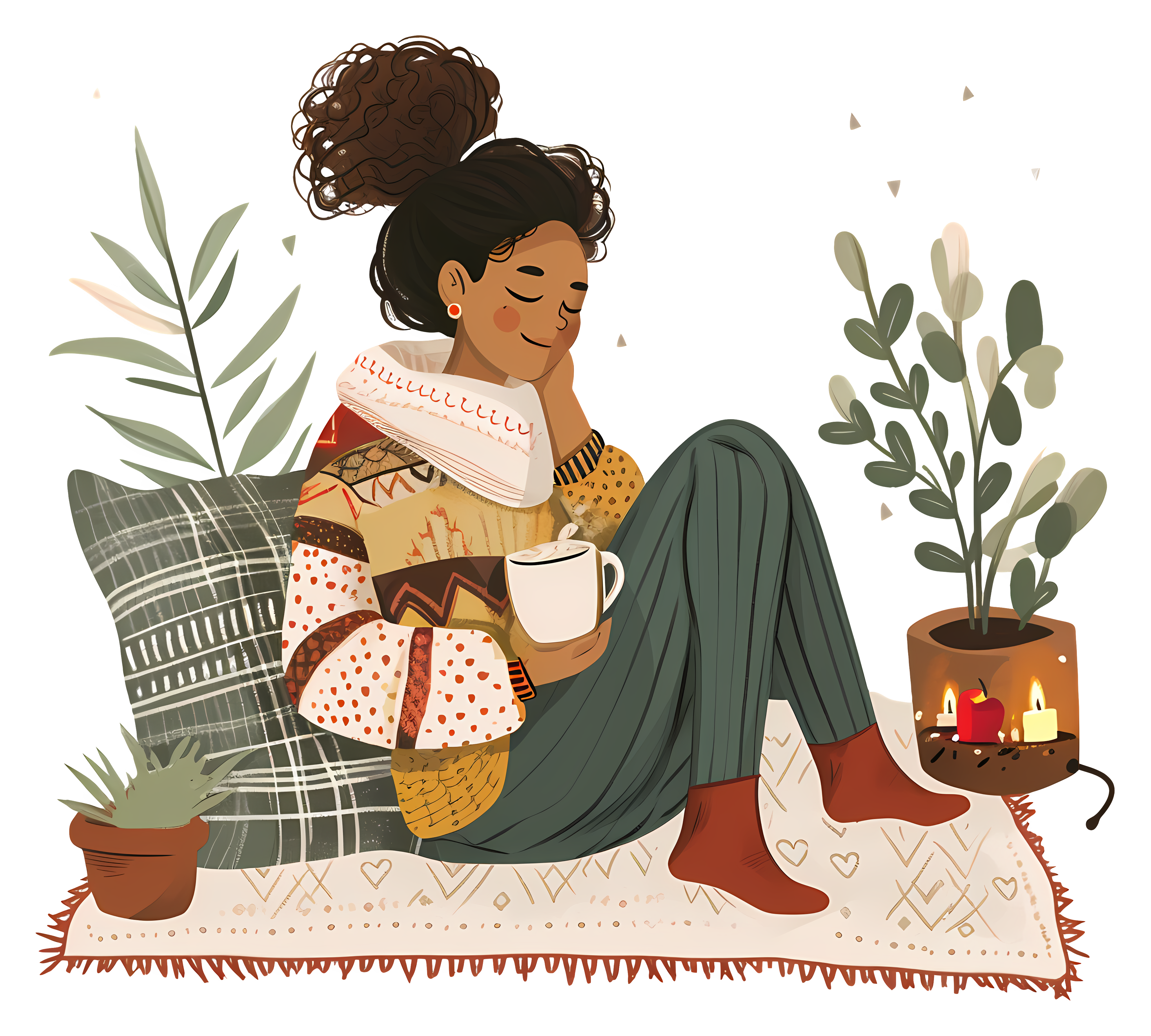 A person sitting on a rug holding a cup