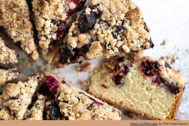 slice of cherry coffee cake with crumble topping